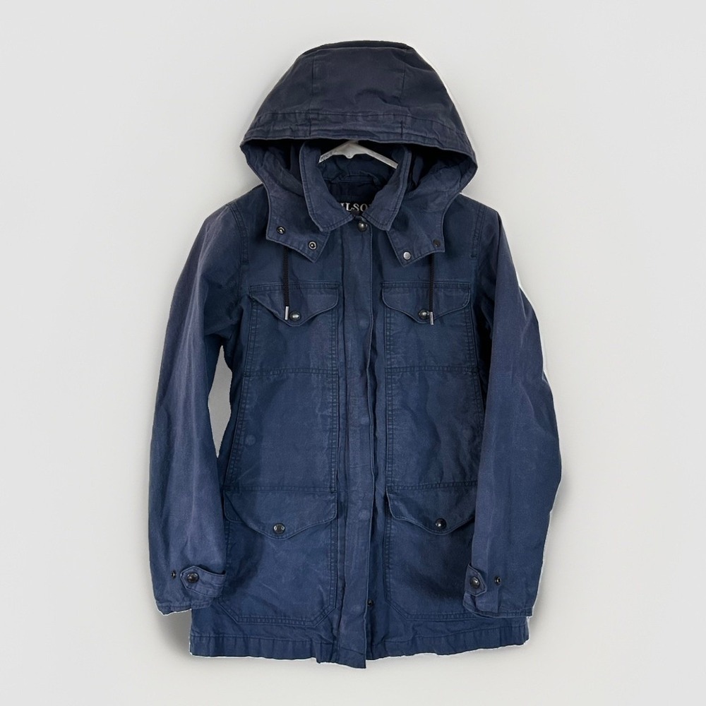 Women's Filson Moorcroft Jacket Navy Blue Hooded Cotton Field Utility Coat Small